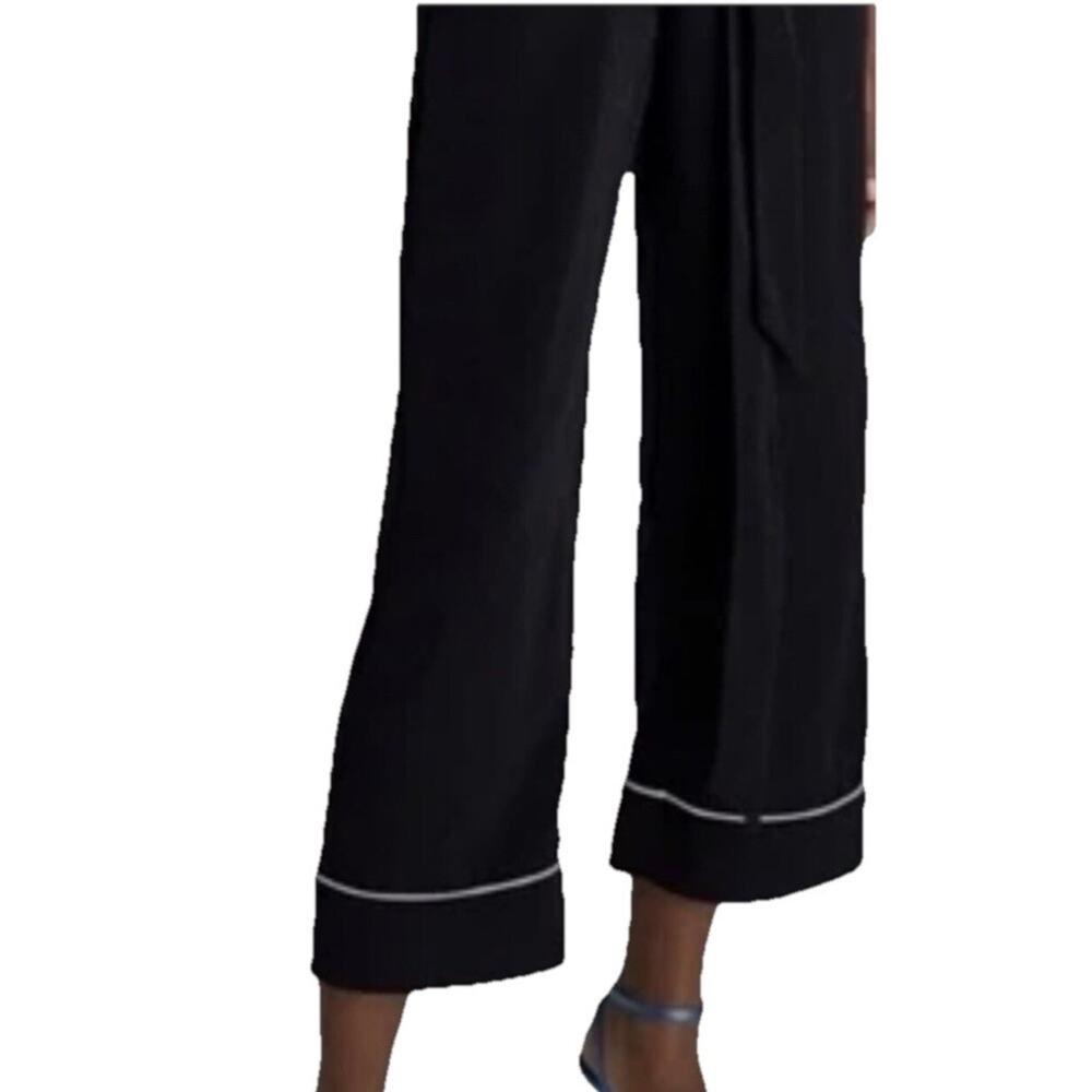 Zara Black Wide Leg Cropped Knit Pull-on Pants White Embroidered Detail Size M